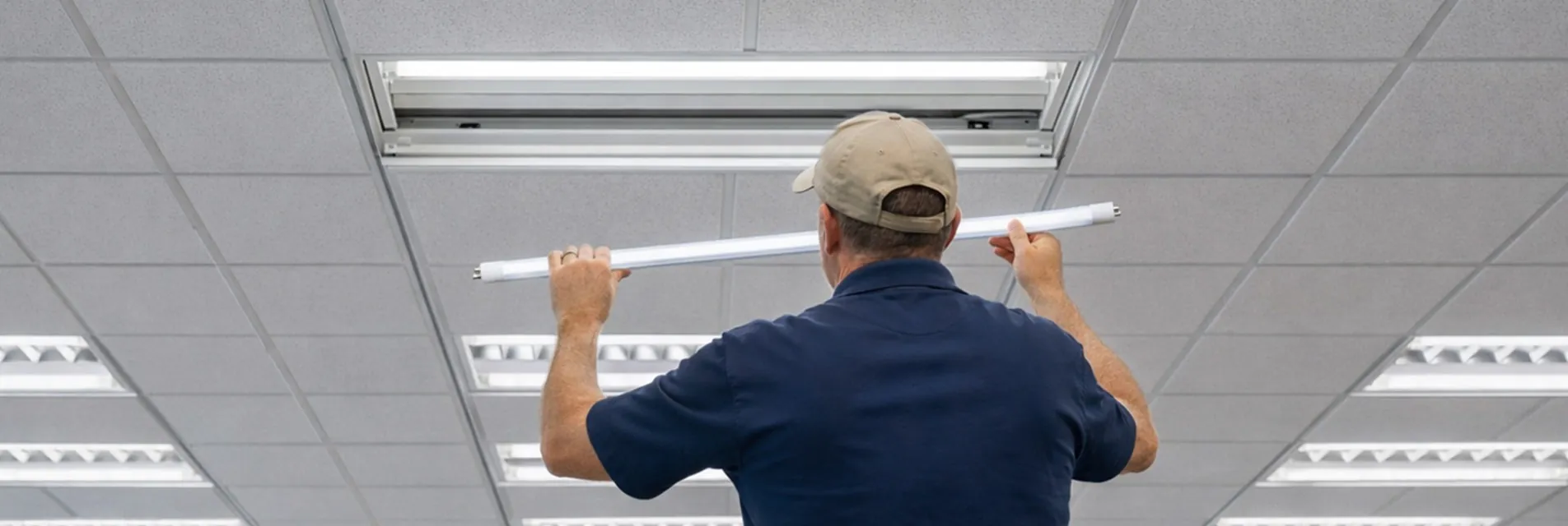 Installateur qui installe un tube LED T5 Noxion sur un plafond